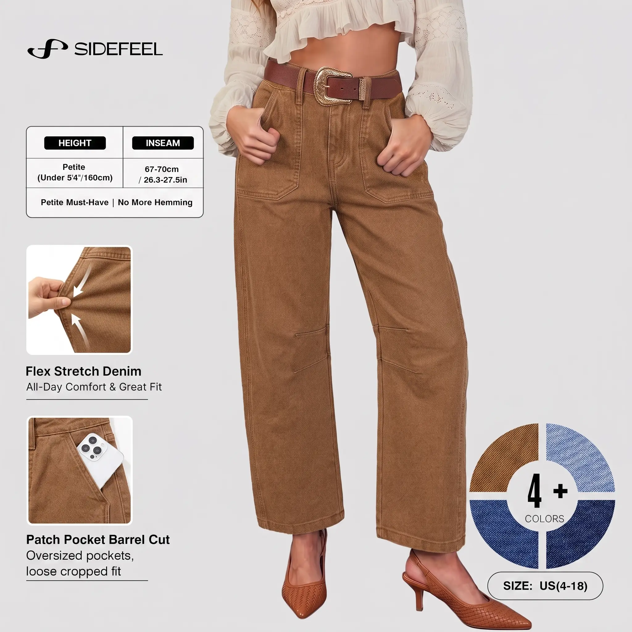 Sidefeel Women's High Waist Stretchy Barrel Wide Leg Jeans | Ankle Length, Cute Patchwork Details, Casual Loose Denim Pants with Pockets, Going Out Y2K Streetwear, Boyfriend Baggy Jeans for Fall utfit