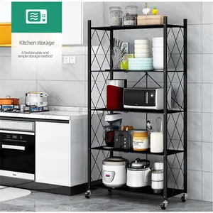 AIRAJ 3/5 Tier Foldable Storage Shelves with Wheels, Kitchen and garage tool storage shelves，Freestanding Metal Wire strong Shelf rack , No Installation Organizer Rolling Cart for Garage book rack gifts  for  father Black Rubber