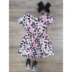 Wild About My Peeps Girls or Toddler Short Sleeve Animal Print Easter Bunny Pink Cheetah Dress
