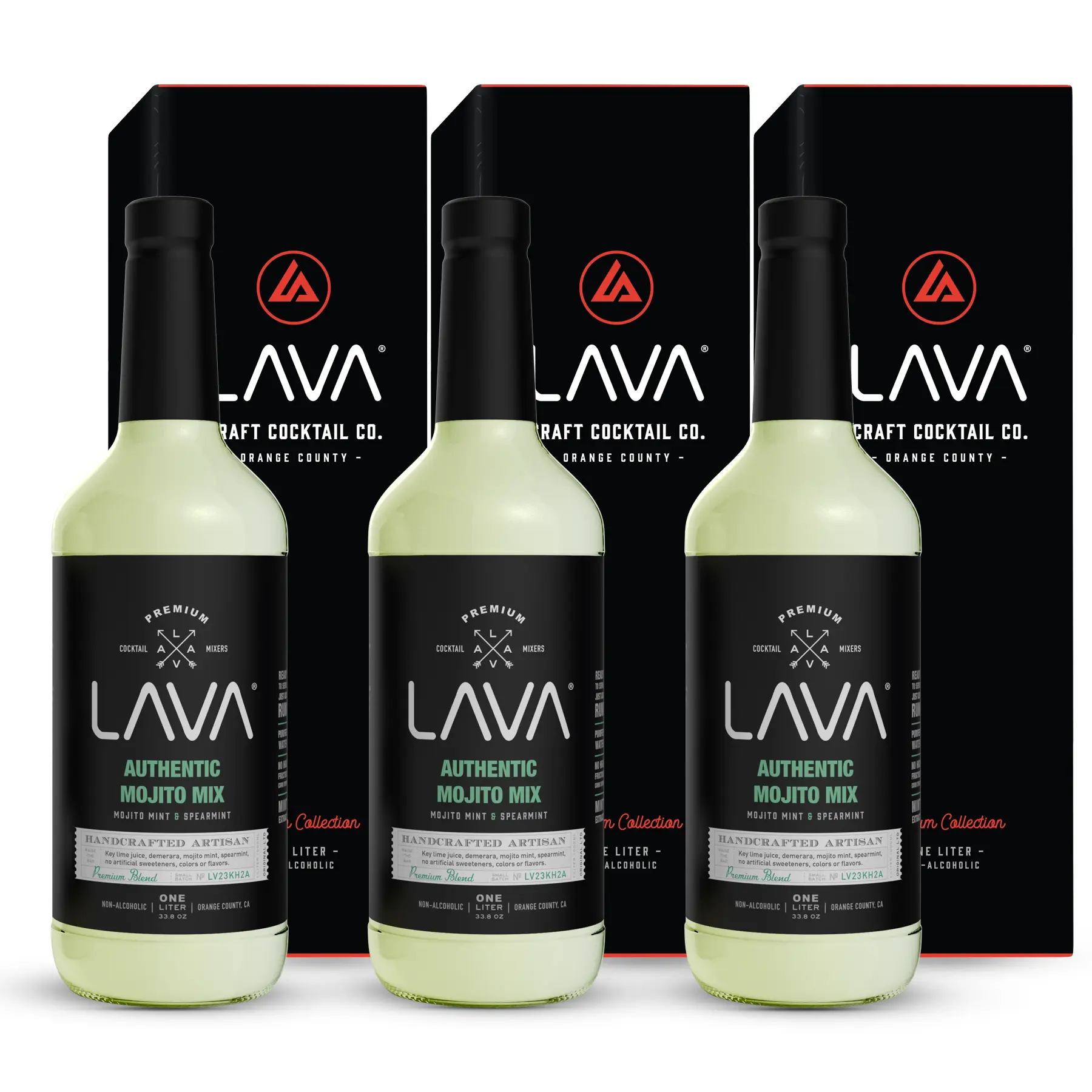 (3-Pack) LAVA Premium Authentic Mojito Mix, Made with Real Lime Juice, Mojito Mint, Spearmint, Demerara, Cane Sugar, Refreshing Rum Mojito Mixer. Ready to Use. 1-Liter (33.8oz) Glass Bottle