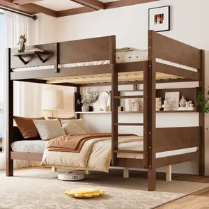 [Bellemave] Queen Over Queen Solid Wood Bunk Bed| Storage Shelves & Convenient Tray| Convertible to 2 Separate Beds Frame| No Box Spring Needed| Easy Assembly