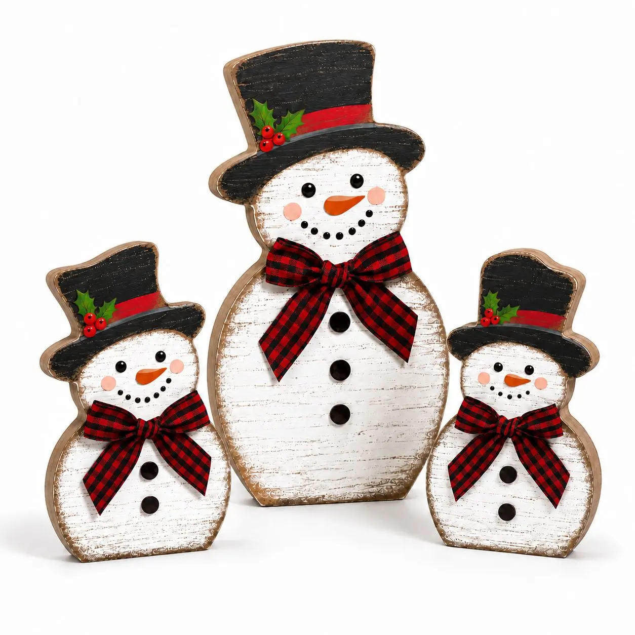 Set of 3 wooden Christmas snowman decorations for dining tables—winter snowman tabletop centerpieces, wooden blocks/signs, farmhouse-style layered Christmas tray decor, ideal for the Christmas holiday season, home office shelves, and party decoration