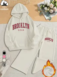 100% cotton clothing, "Brooklyn" Brooklyn letter print, a set of plush casual sports hoodie and sweatpants two-piece set, retro autumn and winter women's hooded sweatshirt set