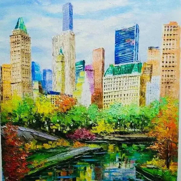 This is an exquisite hand-painted artwork that captures the essence of a springtime scene in Central Park. Displaying this painting in your home will fill the space with the refreshing aroma of spring, allowing viewers to experience the beauty and vitalit