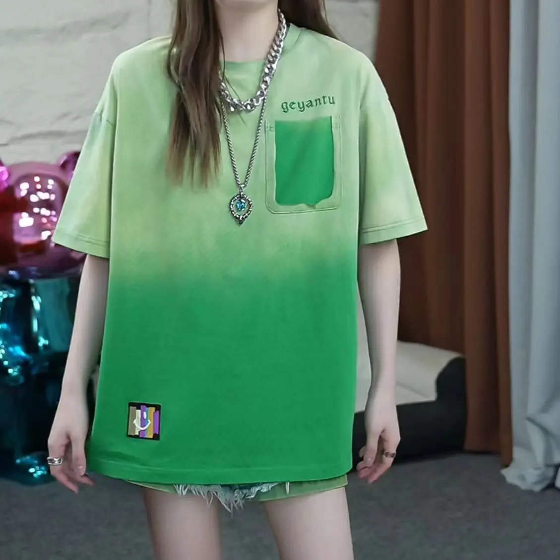 [GEYANTU] Summer New Collection 2025 Gradient Water-Washed Distressed Short-Sleeve T-Shirt 696 Tee with Embroidery, 100% Cotton, For Couples