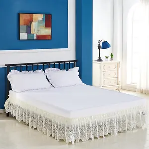 Home Dorm Wrap Around Ruffle Lace Bed Skirt Queen Size 15 Inch Drop, Elastic Dust Ruffle with Belts,