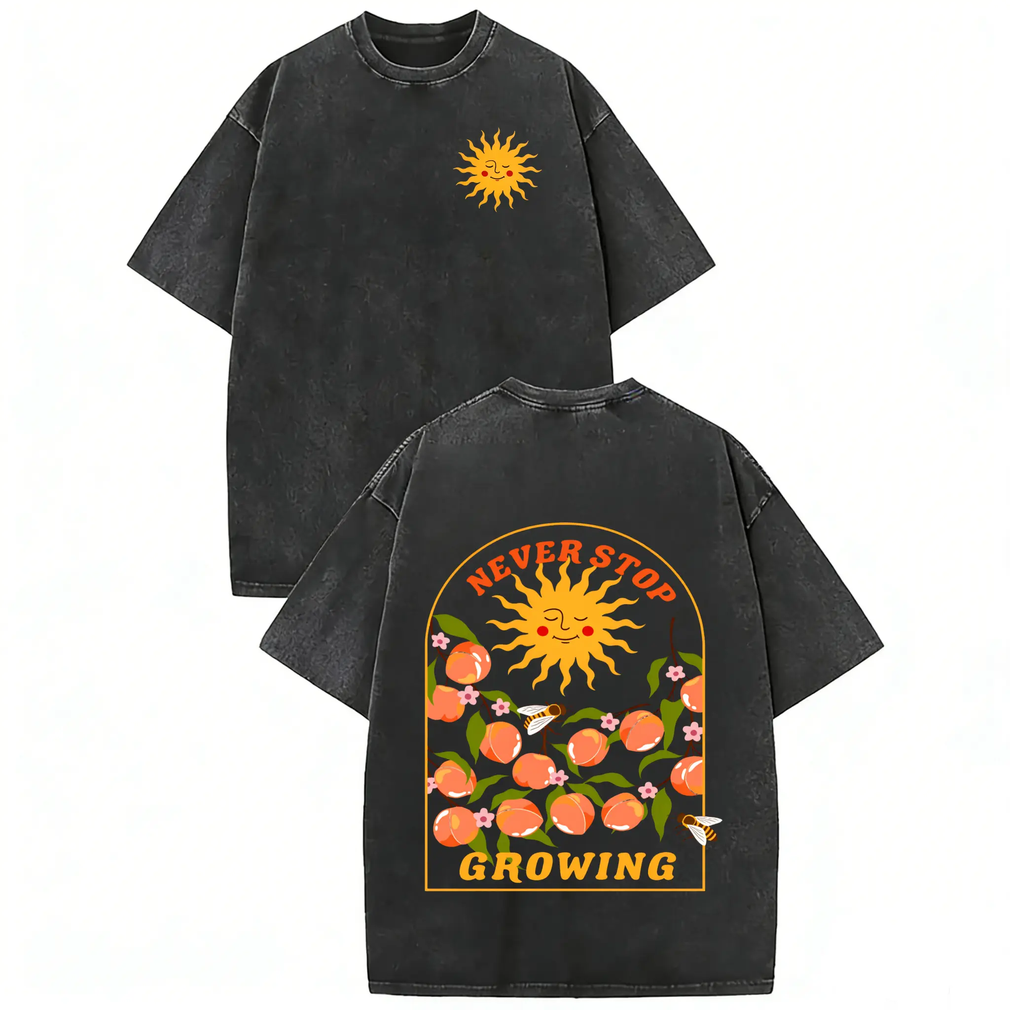 Menswear Short-Sleeve Round Neck Soft Vintage Washed Cotton T-Shirt - "Never Stop Growing" Peach & Sun Graphic, Uplifting Positive Casual Streetwear Black Top