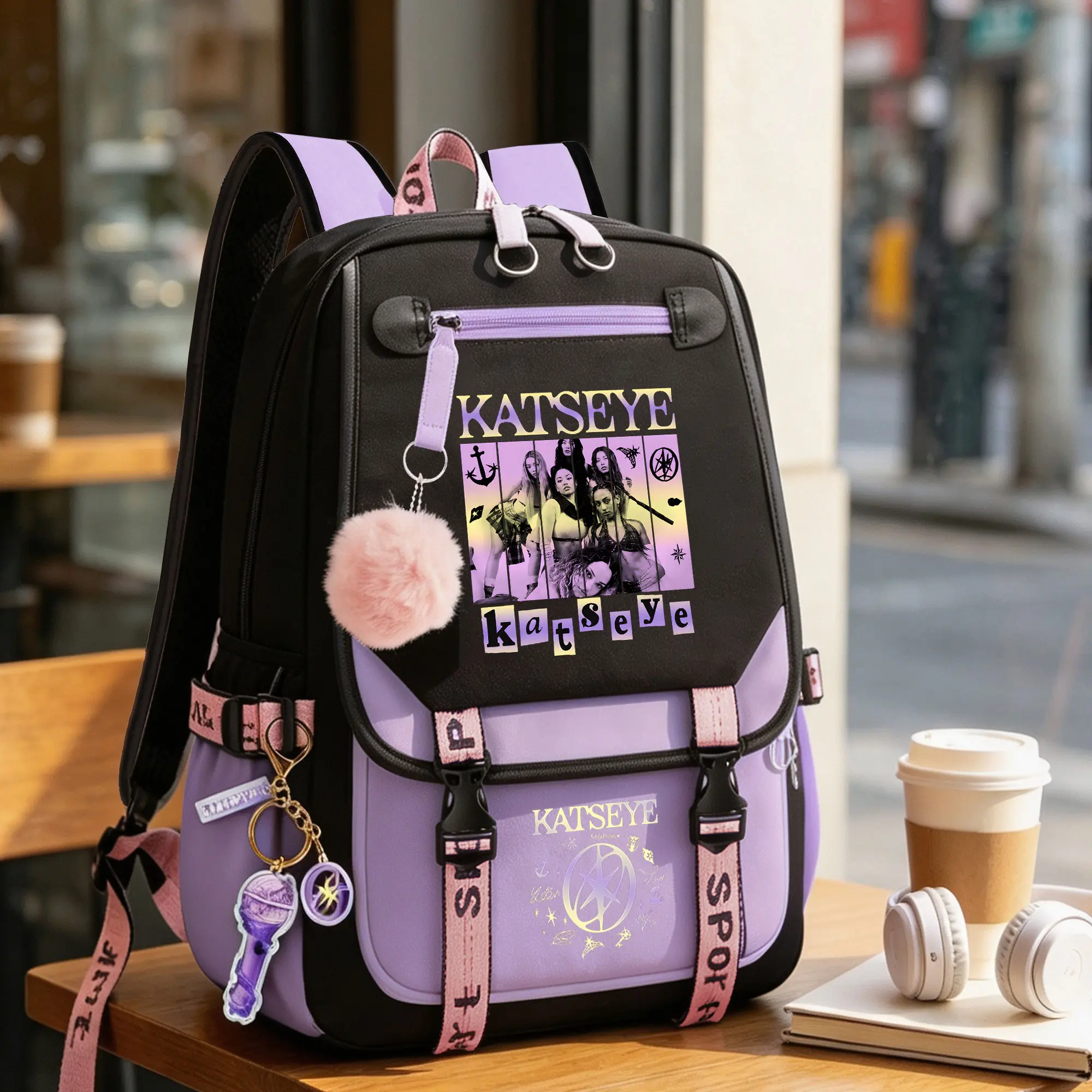 Katseye Merch Backpack for Girls, Kpop Idol School Bag with USB Charging Port & Pom Pom Pendant, Aesthetic Y2K Student Bookbag