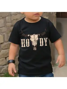 1Crow Boy & Cow Head Printed Round Neck T-Shirt, Simple & Casual Western Style Outfit For Young Boys, Suitable For Summer