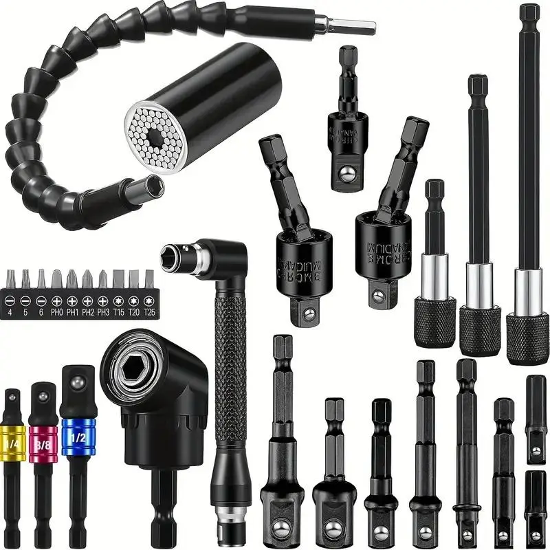 Universal Tool Kit with Flexible Shaft, Impact Wrench Socket Adapter, Right Angle Screwdriver Head Holder, Magic Sleeve & Extension Bar