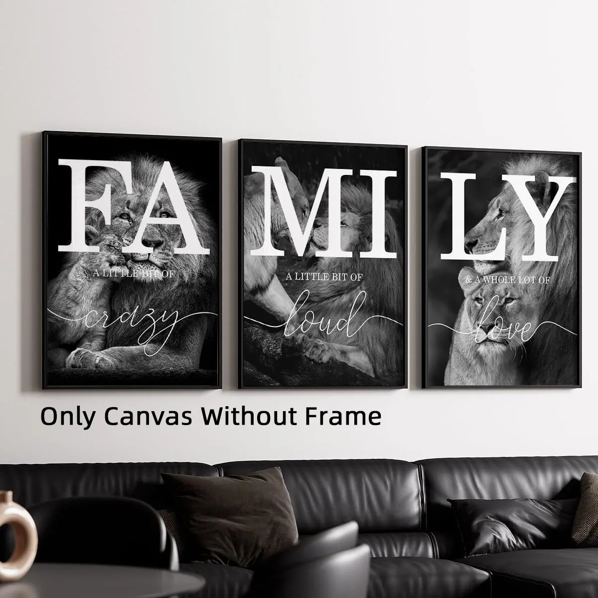 Set of 3 Optinal Frame Black And White Lion Family Quote Home Signs Canvas Painting, Unframed Art Print, Poster And Prints Animal Wall Art, Decorative Wall Art, Decoration Items, Living Room Decoration Bedroom Modern Home Decor Artwork