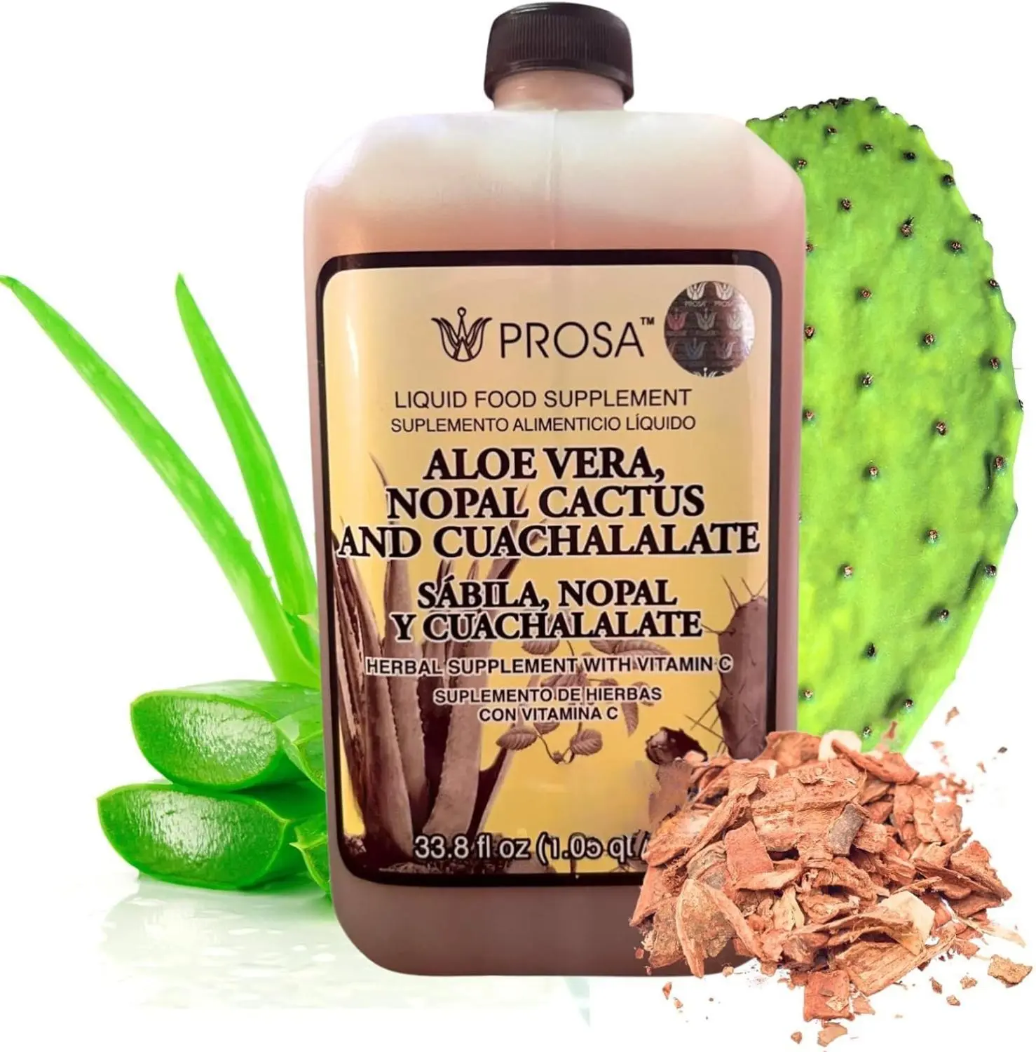 PROSA Liquid Herbal Complex Supplement with Aloe Vera, Nopal Cactus, Cuachalalate Extracts & Vitamin C - 33.8 fl oz (1L) - Digestive, Immune Health Support for Youth & Adults