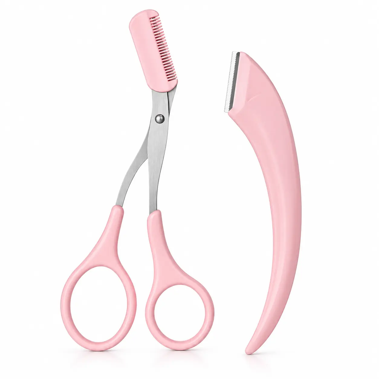 2PCS Eyebrow Razor & Scissors Set for Women, Pink Crescent Facial Razor with Eyebrow Comb Scissors, Precision Brow Trimming & Shaping Tools, Portable Face Grooming Kit