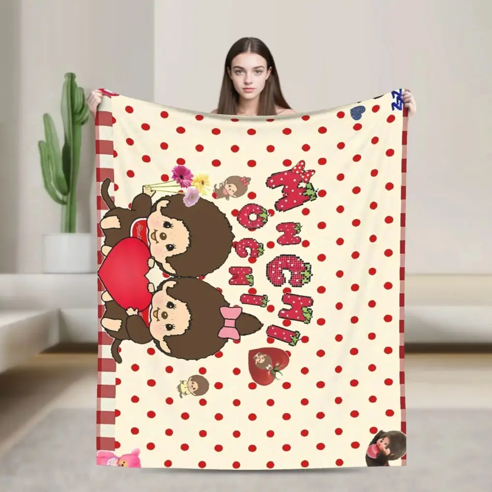 Kawaii Fluffy Monkey Flannel Blanket, Snuggly Character Graphic Blanket, Whimsical Cartoon Illustrated Flannel Throw for Bedding & Lounging, Snuggly Blankets, Character Graphic Blankets