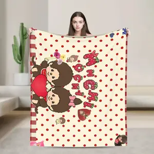 Kawaii Fluffy Monkey Flannel Blanket, Snuggly Character Graphic Blanket, Whimsical Cartoon Illustrated Flannel Throw for Bedding & Lounging, Snuggly Blankets, Character Graphic Blankets