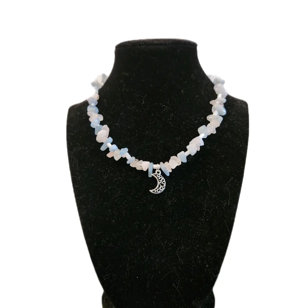 Transgender Pride Flag Themed Natural Crystal Necklace made from Aquamarine, Clear Quartz, and Rose Quartz with a vintage style Moon Pendant