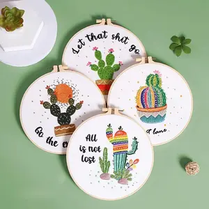 Embroidery Starter Kits for Adults Beginners with Stamped Pattern, Embroidery Floss + Needles + Hoop, Cactus Series