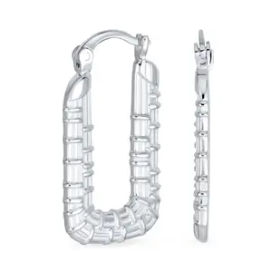 Lightweight Large Rectangle Texture Bamboo Hoop Earrings .925 Sterling Silver
