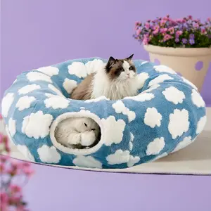 Large Cat Tunnel Bed for Indoor Cats - Cute Cat Donut Tunnel Toys for Small Large Cats with Washable Circle Cushion, Round Pet Peekaboo Cave Toy for Kitten/Puppy/Rabbit, Standard Blue tiktokshopspringglowup