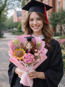 "Handmade Crochet Graduation Bouquet with Doll - Cute Forever Flowers Keepsake Gift for Class of 2026"