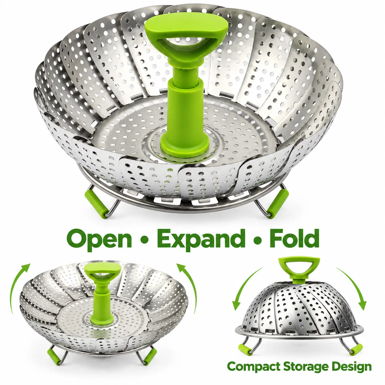 Stainless Steel Collapsible Steamer Basket Cookware - Heat-Resistant Silicone Handle Expandable Steaming Insert for Veggies, Seafood, Fits Most Pots