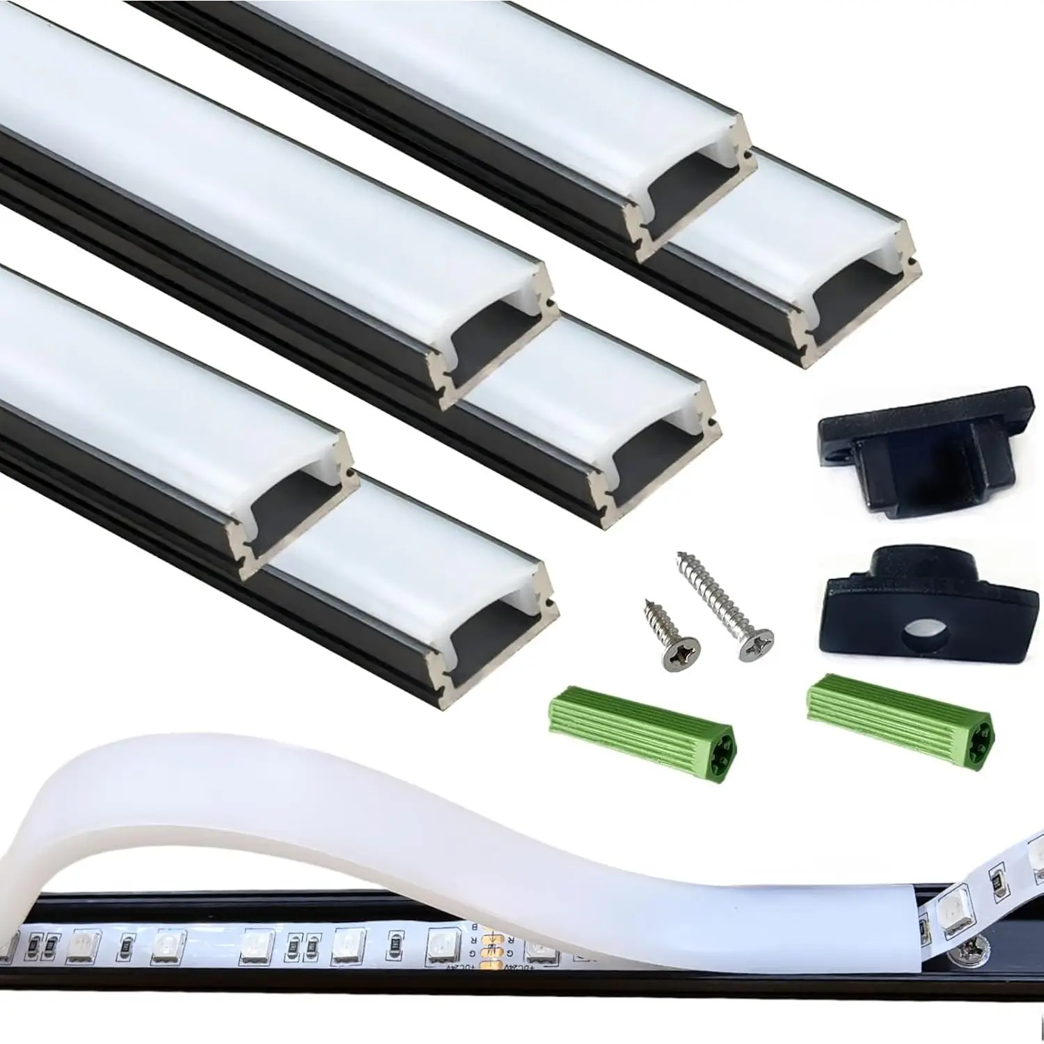 LED Strip Pre-Drilled Black U Channel Diffuser 6-Pack 3.28FT,Surface Mounted Tape Light Aluminum Track with Continuous Silicone Cover.Flush Installed Low Profile (Black, 6X3.3FT)