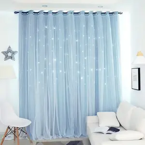 1pc Star-Shaped Blackout Curtain, Korean Style Drapes for Bedroom & Living Room Windows, Solid Blue Hollow Out Design, Thin Layered Sheer Curtains