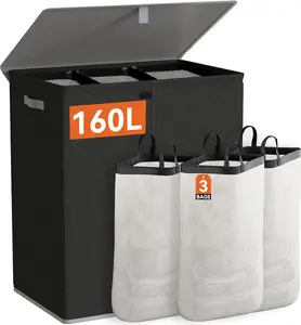Laundry Hamper with Lid,160L Large Laundry Basket 3 Section with Removable Washing Bags,Collapsible  Dirty Clothes Hamper for Laundry Room Bathroom Dorm,Black