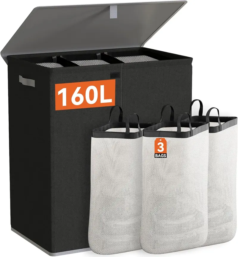 Laundry Hamper with Lid,160L Large Laundry Basket 3 Section with Removable Washing Bags,Collapsible  Dirty Clothes Hamper for Laundry Room Bathroom Dorm,Black