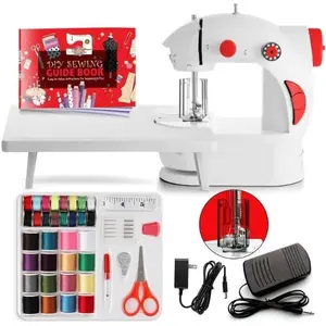 Mini Sewing Machine for Beginners, Dual Speed Small Sewing Machine for Kids and Adults with Extension Table, 48 Set Includes, Pedal, Projects Book and More, Red