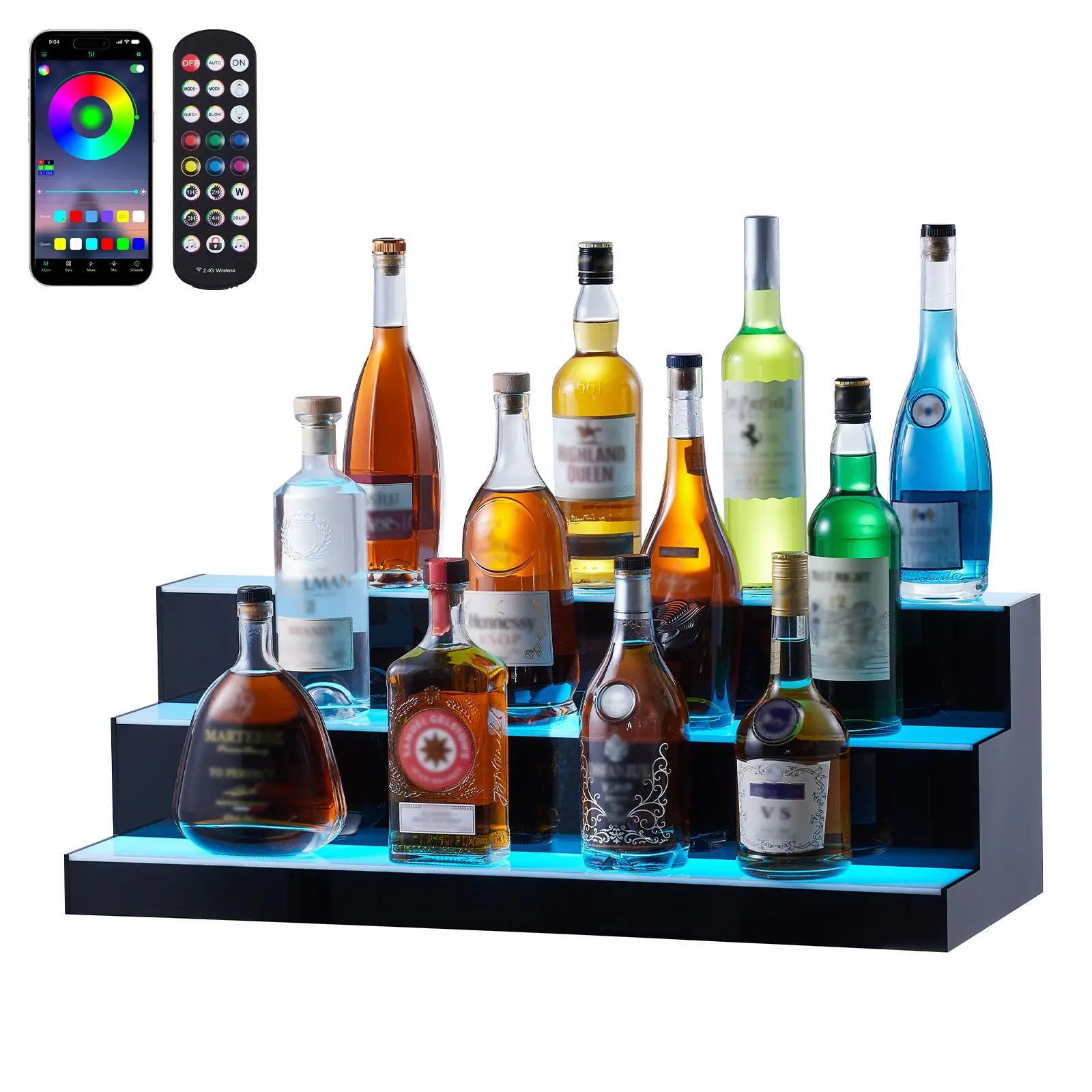 VEVOR Lighted Liquor Bottle Display Shelf - 3-Tier 30-Inch Acrylic Wine Rack with RF Remote & App Control Multicolor LED Lights, Modern Indoor/Outdoor Bar Rack, Drink Utensil Holder for Home/Party Use
