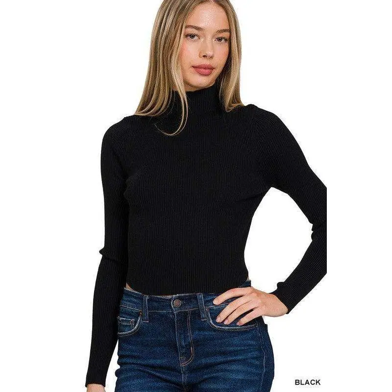 WOMENS RIBBED CROPPED CURVED-HEM TURTLENECK SWEATER