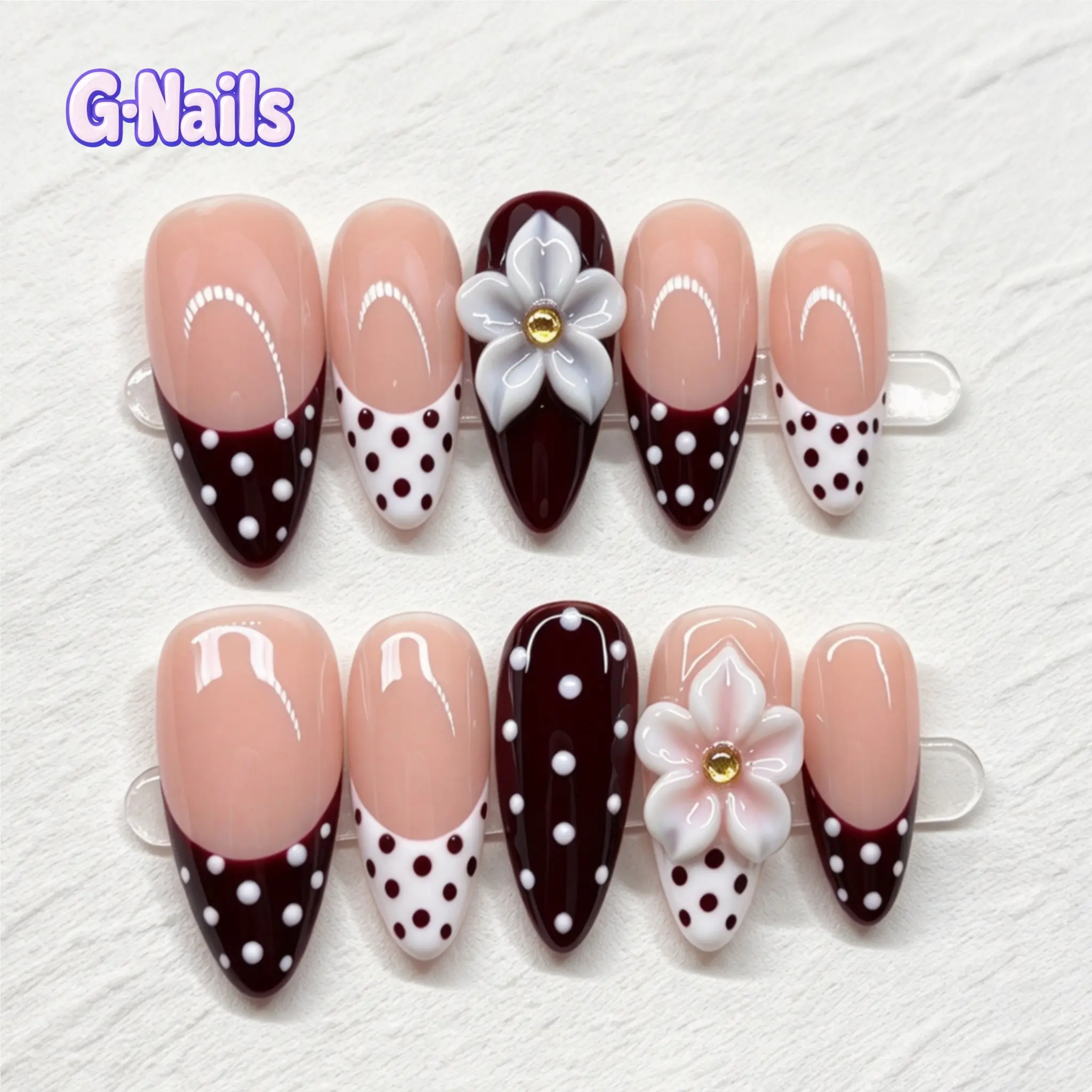 Women's Premium Handmade Press-On Nail Sets - Dark Brown Nude, Hand-Painted White Polka Dots, 3D White Flower Tips, Vintage Chic, Acrylic Base, Removable Reusable, Ideal for Autumn-Winter, Birthday Gift, 3D Flower Tips