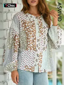 Women's Ditsy Floral Print Button Front Blouse, Boho Bishop Sleeve Top for Spring & Fall, Women's Clothes for Daily Wear