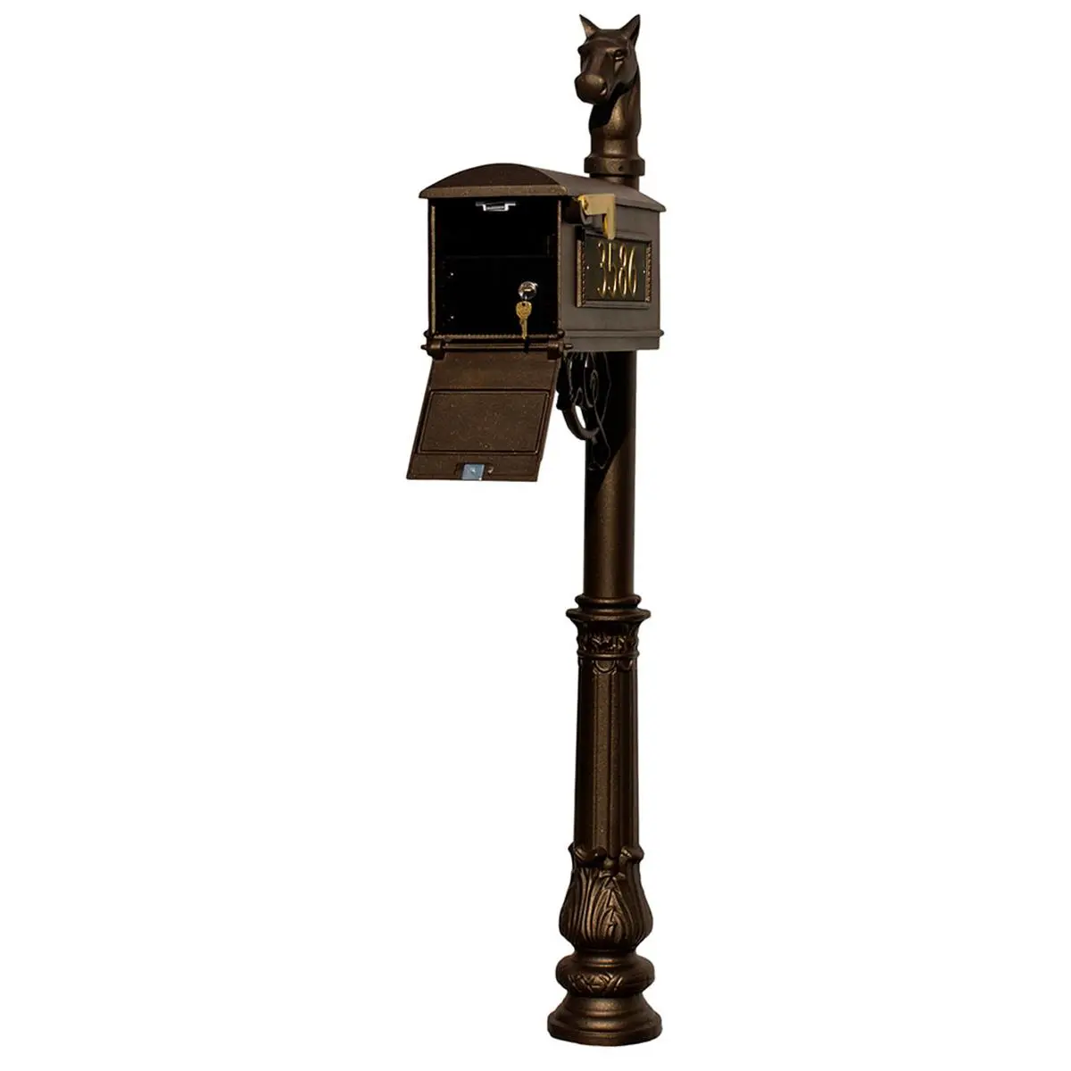 Lewiston LMC-LKIT-701-BZ Mailbox Locking Insert Post System with Ornate Base, Horsehead Finial & 3 Cast Plates - Bronze