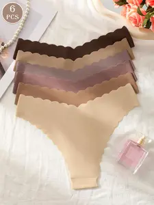 6 pieces of women's seamless low-rise wavy edge solid color underwear - soft and skin-friendly triangle pants, various solid colors suitable for daily activities and casual sports.
