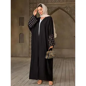 Women's  Embroidery Modesty Abaya, Elegant Long Sleeve Open Front Muslim Clothing for Daily Wear, Ladies Islamic Clothing for Spring & Fall