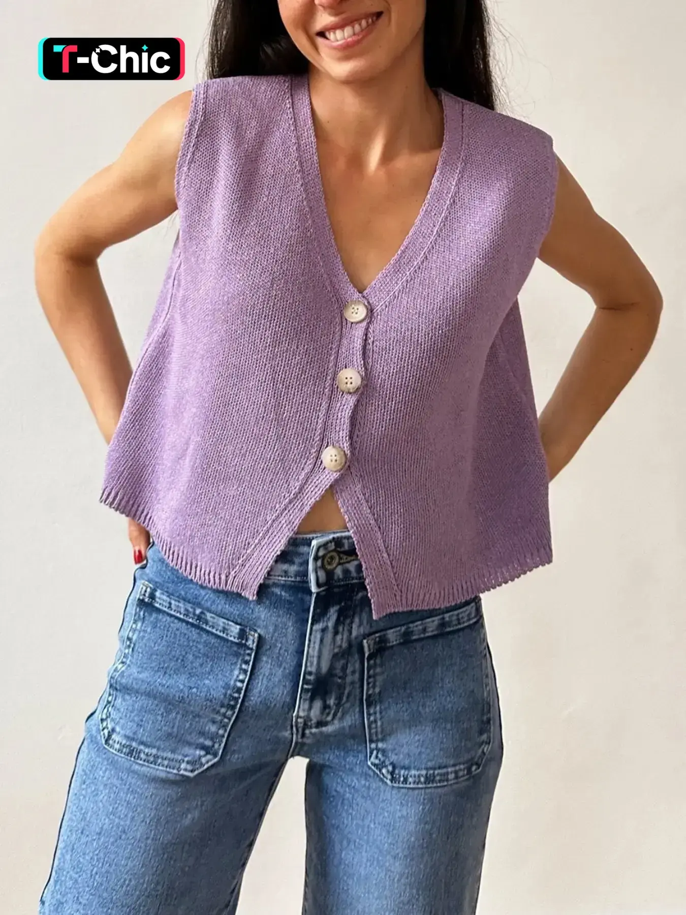 Women Minimalist Crochet Vest, Button Down Waistcoat Sleeveless Knit Top V Neck Fitted Crop Tank Tops Solid Color Casual Going Out Shirt Womenswear Vneck