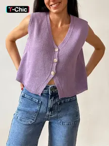 Women Minimalist Crochet Vest, Button Down Waistcoat Sleeveless Knit Top V Neck Fitted Crop Tank Tops Solid Color Casual Going Out Shirt Womenswear Vneck