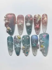 Ocean Ombre Press On Nails Set Blue Pink 3D Starfish Shell Pearl Bow Cat Eye Gel Nail Art for Beaches, Summer, Holiday, Vacation, Birthday