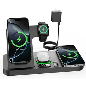 Dual Phone   Station for  Devices,   Station for  with Auto  7-Color Light&Clock, Family Watch Charger for iPhone17 for iWatch11 for AirPods Pro3(Black