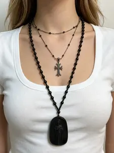 Multi-Layer Beaded Necklace Set, Cross Pendant + Saint Judas Amulet, European and American Religious Style Accessories