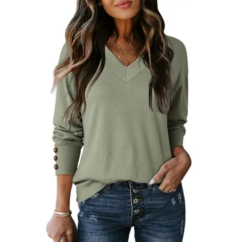 Dokotoo Women's Casual Long Sleeve V Neck Pullover Shirts Loose Fit Lightweight Knit Tops Womenswear Womenswear