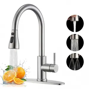 Kitchen faucet with cover, pull-down nozzle, stainless steel finish, adjustable design for flexible water flow control, modern style, and durable.