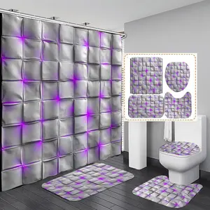 1/3/4PCS Modern square tiled wall with purple accents Shower Curtain Set with Rugs, Non Slip Bath Mat, Polyester Fabric Bathtub Curtain Accessories, 12 Hooks, Home Bathroom Decor, Bathroom Decoration Accessories