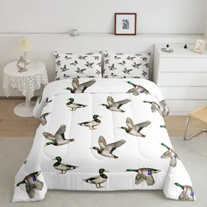 Mallard Duck Bedding Set,Duck Hunting Theme Comforter Set for Boys Girls Mallard Duck Bird Down Comforter Flying Safari Animals Duvet Insert,White