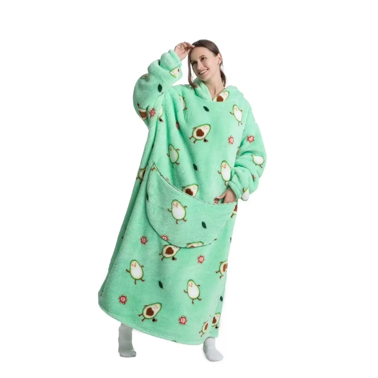Unisex Avocado Print Thick Hoodie, Loose Fit Casual Loungewear, Large Pockets, Comfortable Home Wear