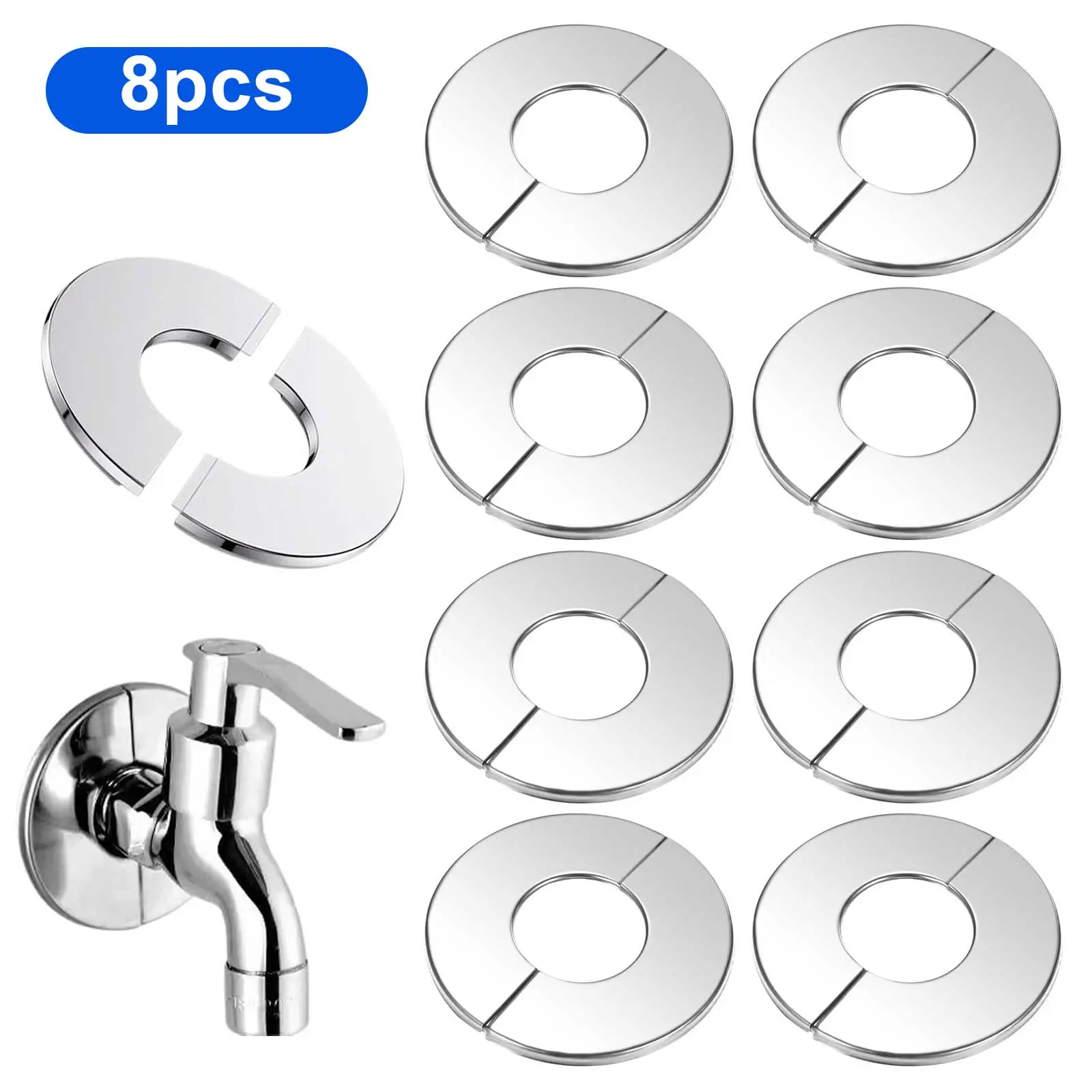 8Pcs Stainless Steel Faucet Decorative Cover, Self-Adhesive Pipe Cover Escutcheon Plate,for Buckle 2.3cm Diameter Pipe,Standard Tools for Kitchen Bathroom Toilet Faucet Decoration