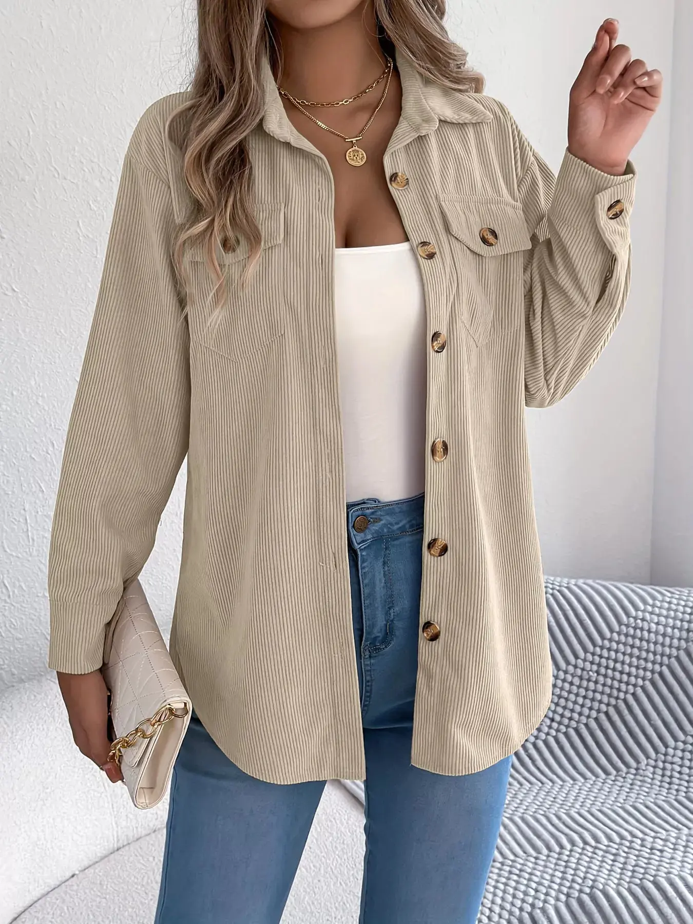Corduroy Button-Up Long Sleeve Shacket