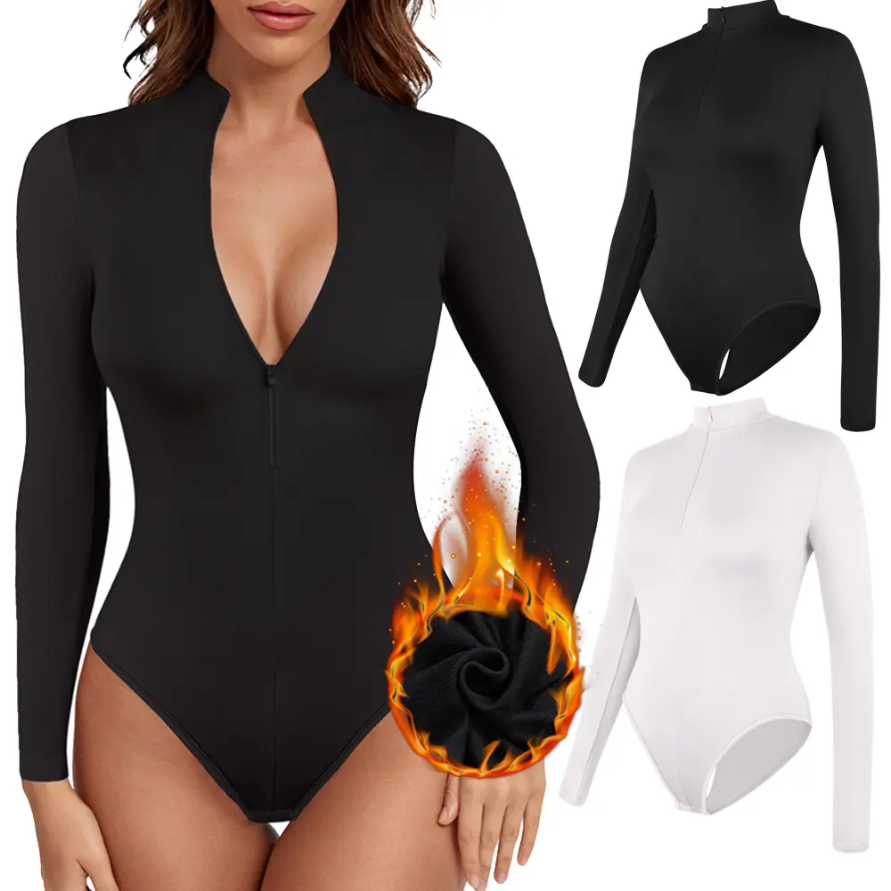 Women's 2-Piece Mock Turtle Neck Long Sleeve Zip Front Bodysuit Set - Soft Fabric, Light Fleece Lined Warm Casual Black White Womenswear Basic Bodysuits, Black White Bodysuit, Casual Bodysuit